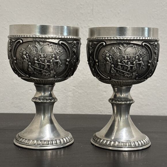 Pair of Pewter Wine Goblet Three Scenes SKS Zinn 95% Germany 4.5" GUC - Picture 1 of 11